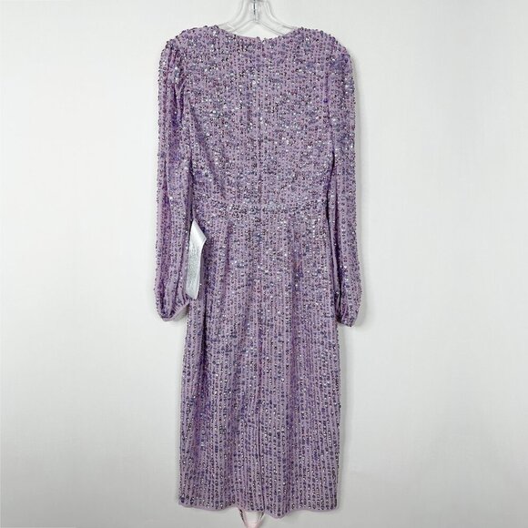 NWT Mac Duggal Purple Sequined Illusion Puff Sleeve V Neck Midi Lavender 10 - Picture 5 of 8